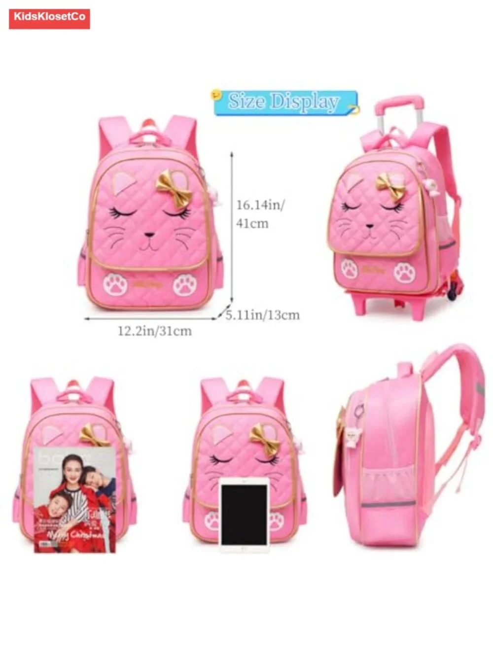 Rolling Backpack for Girls, 2 Wheel Trolley School Bag with Wheels, Nylon